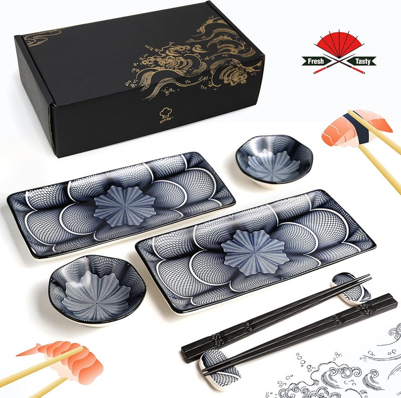 ELUSH 8 Piece Japanese Style Ceramic Sushi Plate Set 10-inch rectangle sushi dishes- 2 Sushi Plates, 2 Sauce Dishes, 2 Pairs of Chopsticks, 2 Chopsticks Holders - Image 2